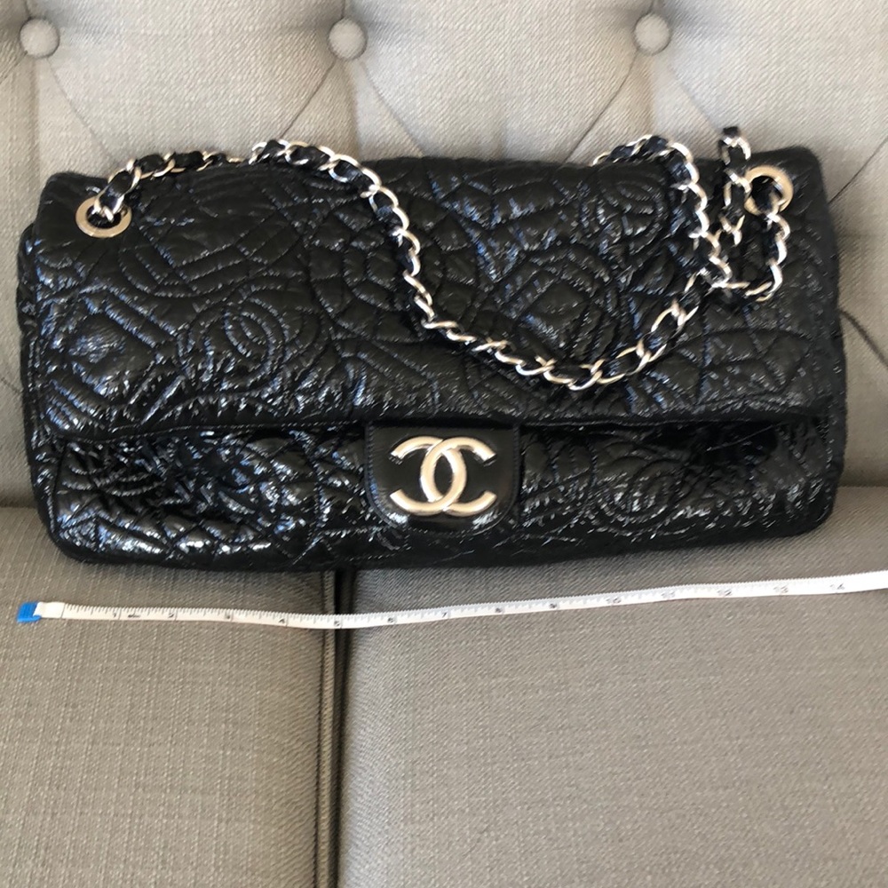 Gently used Chanel black vinyl patent shoulder bag